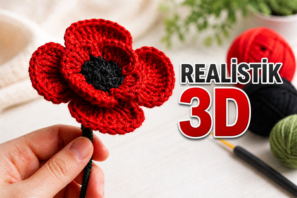 Close-up of a realistic 3D crochet poppy flower with layered red petals and a textured black center, held by hand.