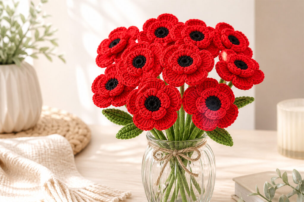 Bouquet of red crochet poppy flowers in a glass vase styled as cozy home decor