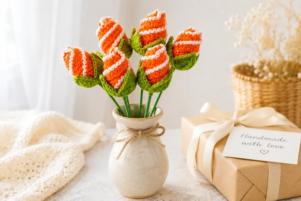 Crochet rosebud flowers arranged as a handmade gift and home decor idea with orange and green crochet flower details