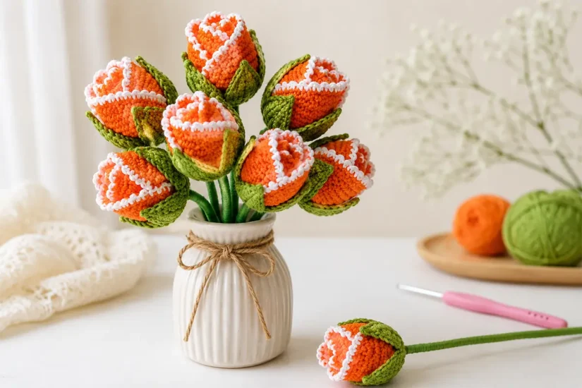 Easy crochet rosebud pattern made from a flat circle with orange yarn, white edge detail, green leafy base, and a handmade bouquet look.