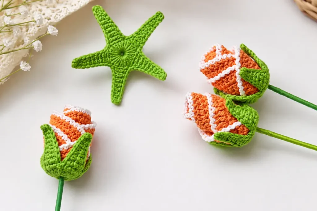 Crochet rosebud flower with green star-shaped leafy base and stem, showing the finished handmade rosebud design for an easy crochet flower pattern.