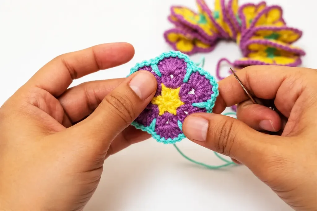 Hands assembling a crochet wind spinner with a flower motif, beads, and yarn needle for a colorful handmade decor project.