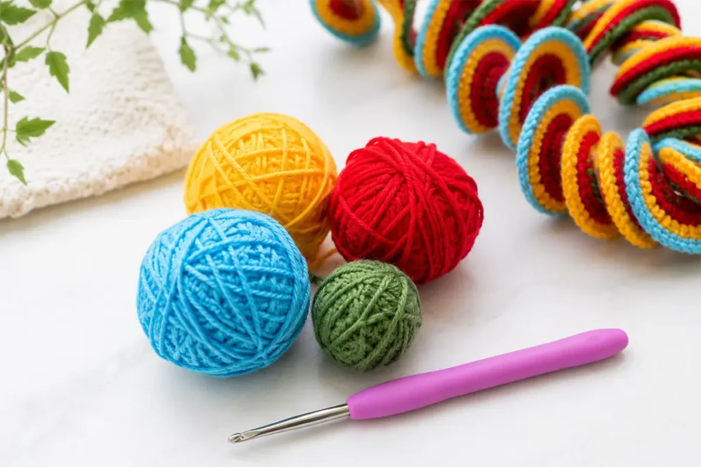 Colorful cotton yarn balls and crochet hook for an easy crochet wind spinner pattern using scrap yarn.