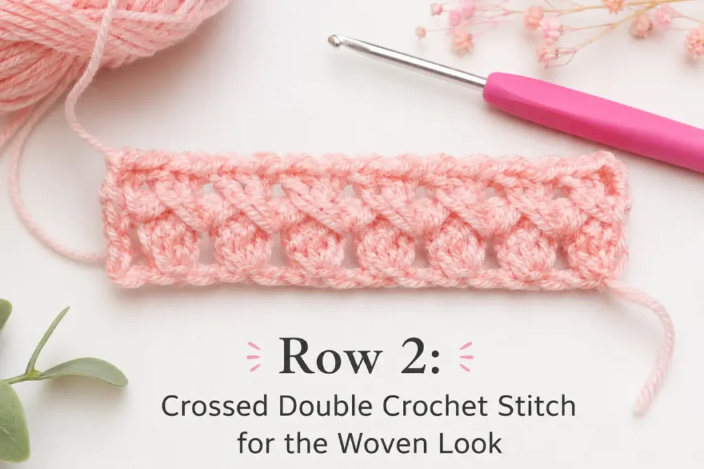 Crossed double crochet stitch for a woven look, shown with soft pink yarn in a beginner-friendly crochet tutorial.