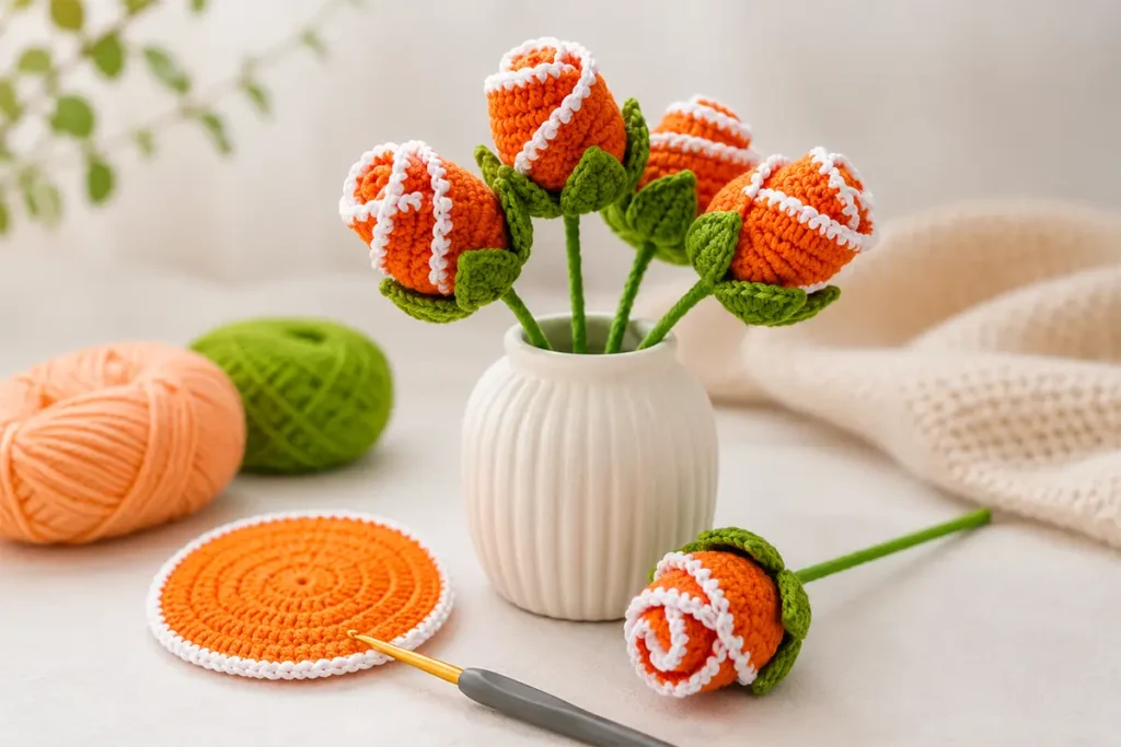 Easy crochet rosebud flower tutorial with orange rosebuds, green leafy base, cotton yarn, crochet hook, and handmade bouquet details.