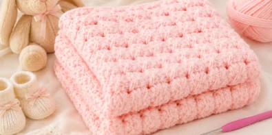 Easy crochet stitch pattern that looks woven, shown as a soft folded baby blanket with a textured white crochet design.