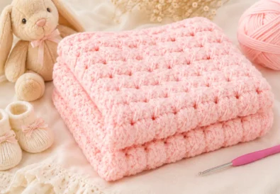 Easy crochet stitch pattern that looks woven, shown as a soft folded baby blanket with a textured white crochet design.