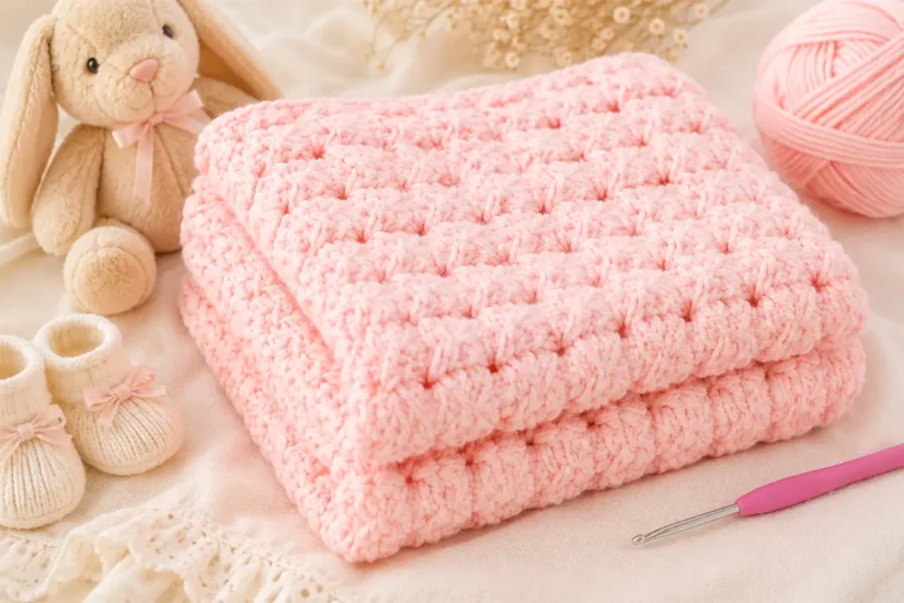 Easy crochet stitch pattern that looks woven, shown as a soft folded baby blanket with a textured white crochet design.