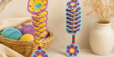 Easy crochet wind spinner with colorful 3D spiral, beads, and flower decoration for beginner-friendly handmade home decor.