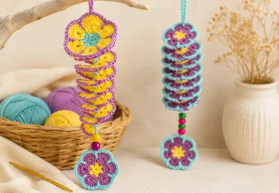 Easy crochet wind spinner with colorful 3D spiral, beads, and flower decoration for beginner-friendly handmade home decor.