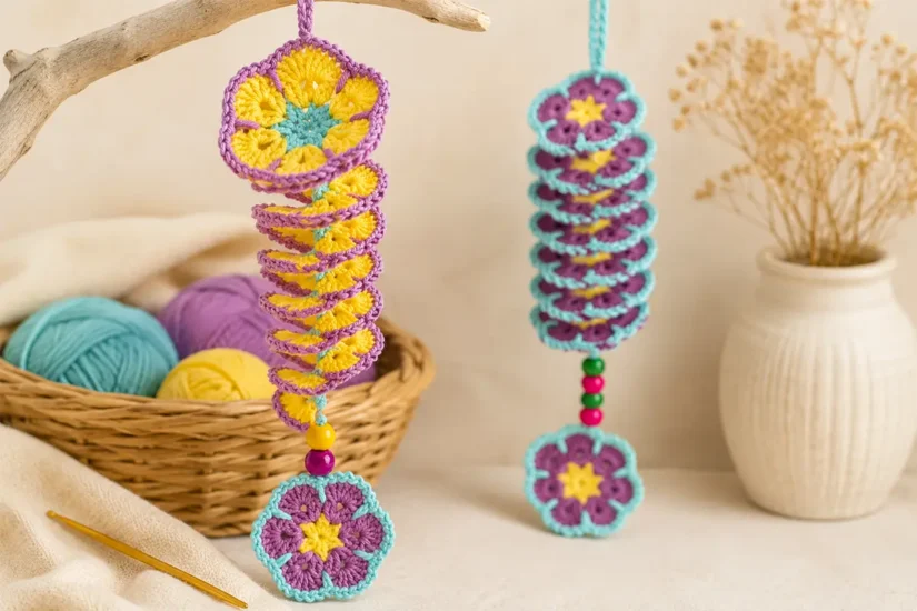 Easy crochet wind spinner with colorful 3D spiral, beads, and flower decoration for beginner-friendly handmade home decor.