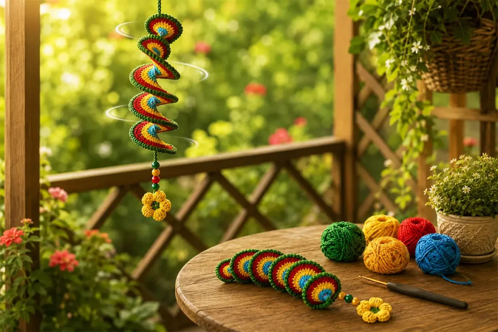 Easy crochet wind spinner hanging on a sunny balcony with colorful yarn, beads, and a crochet flower for handmade home decor.
