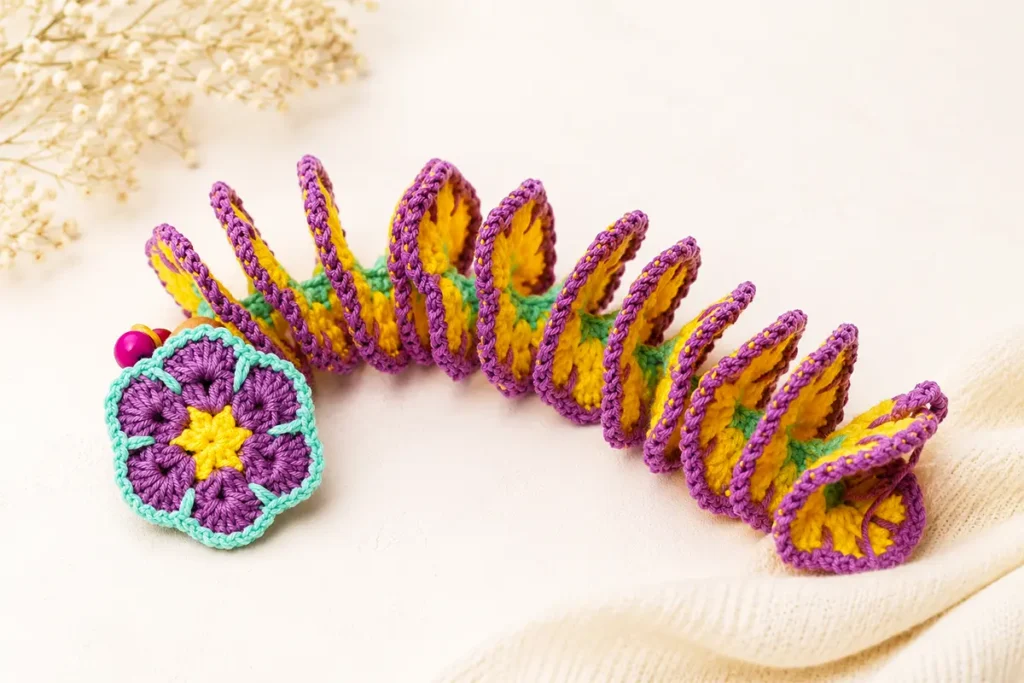 Easy crochet wind spinner with a colorful 3D spiral, flower motif, and beads, shown as the finished handmade decoration for beginners.