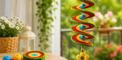 Easy crochet wind spinner hanging in a bright home decor setting with colorful spiral design, beads, flower detail, scrap yarn, and crochet hook