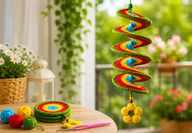 Easy crochet wind spinner hanging in a bright home decor setting with colorful spiral design, beads, flower detail, scrap yarn, and crochet hook