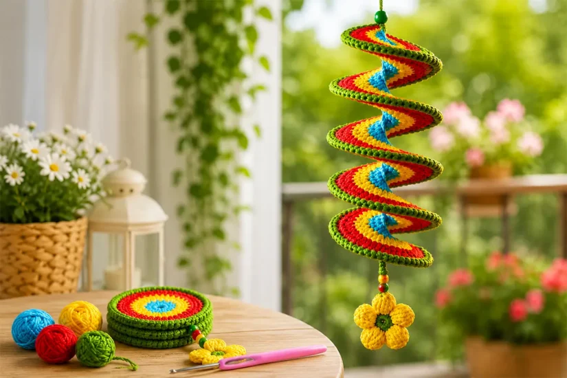 Easy crochet wind spinner hanging in a bright home decor setting with colorful spiral design, beads, flower detail, scrap yarn, and crochet hook
