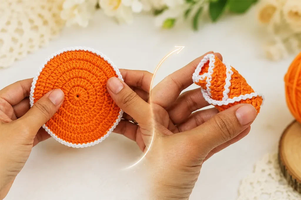 Flat crochet circle beside a shaped crochet rosebud, showing how a simple circle turns into a realistic crochet rosebud flower.