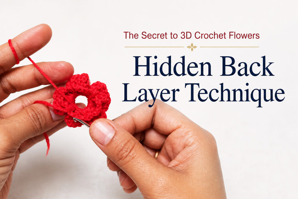 Hidden back layer technique for a crochet poppy flower, showing chain spaces on the back side for 3D layered petals.