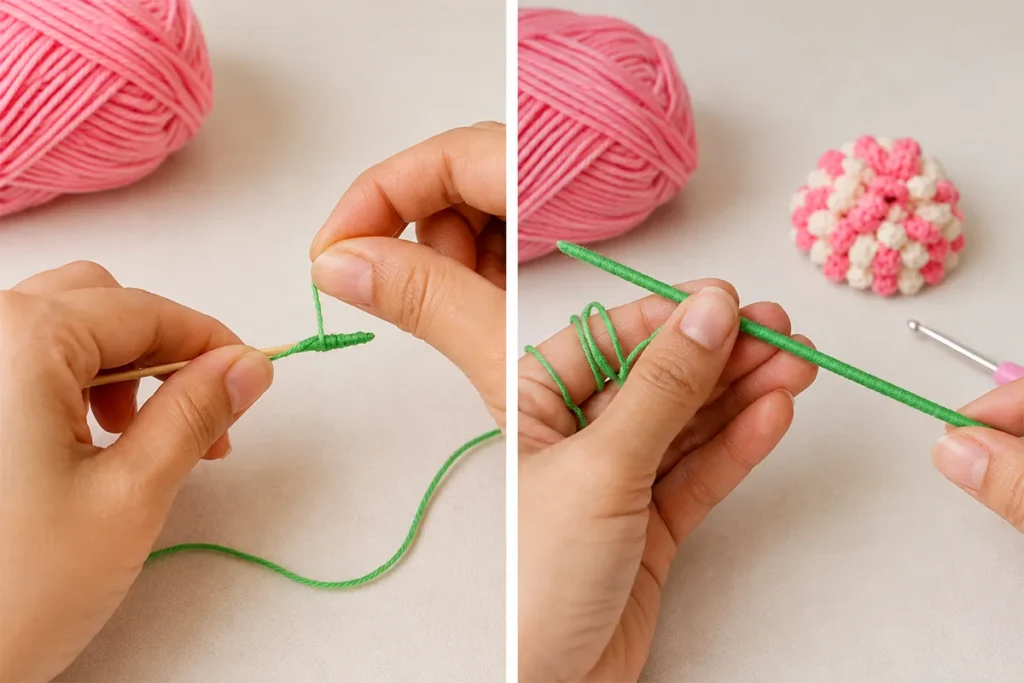 Hands showing how to make a crochet stem and leaf for a realistic crochet flower bouquet with green yarn, pink yarn, and a finished flower in the background.