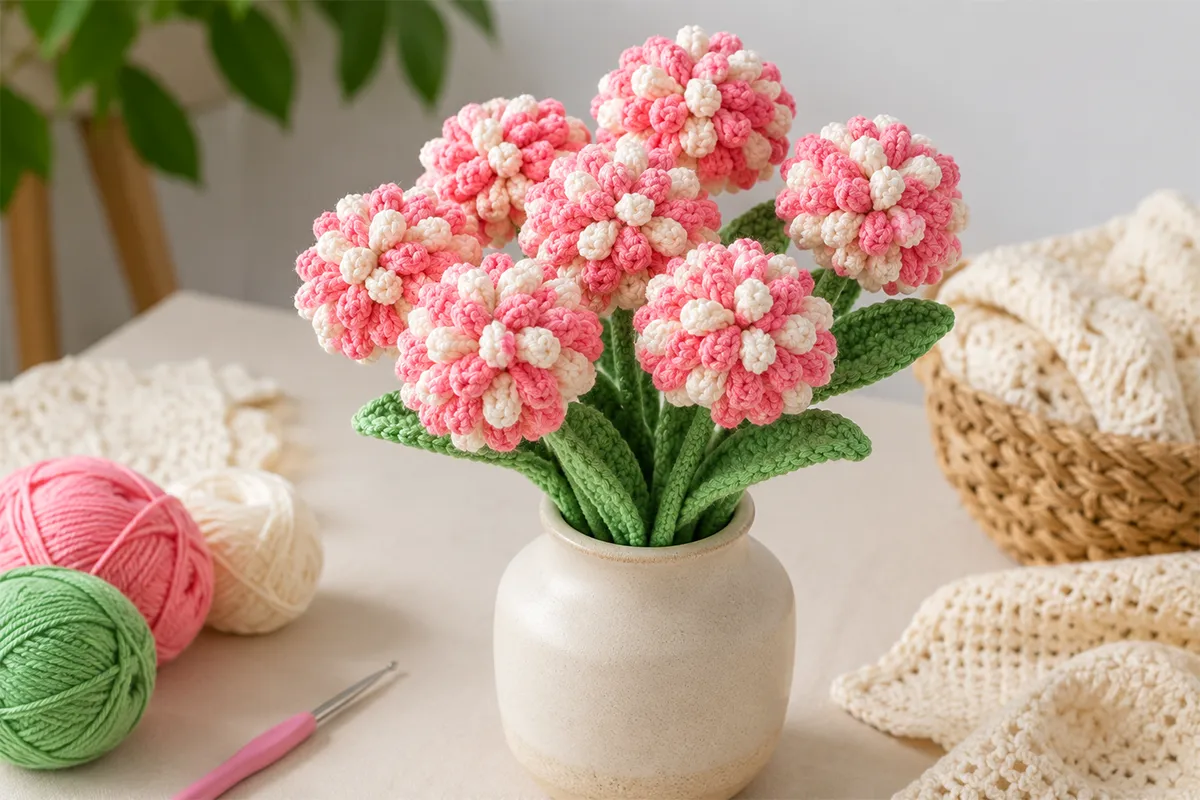 Realistic crochet flower bouquet in a small vase with cotton yarn balls and crochet hook on a clean craft table