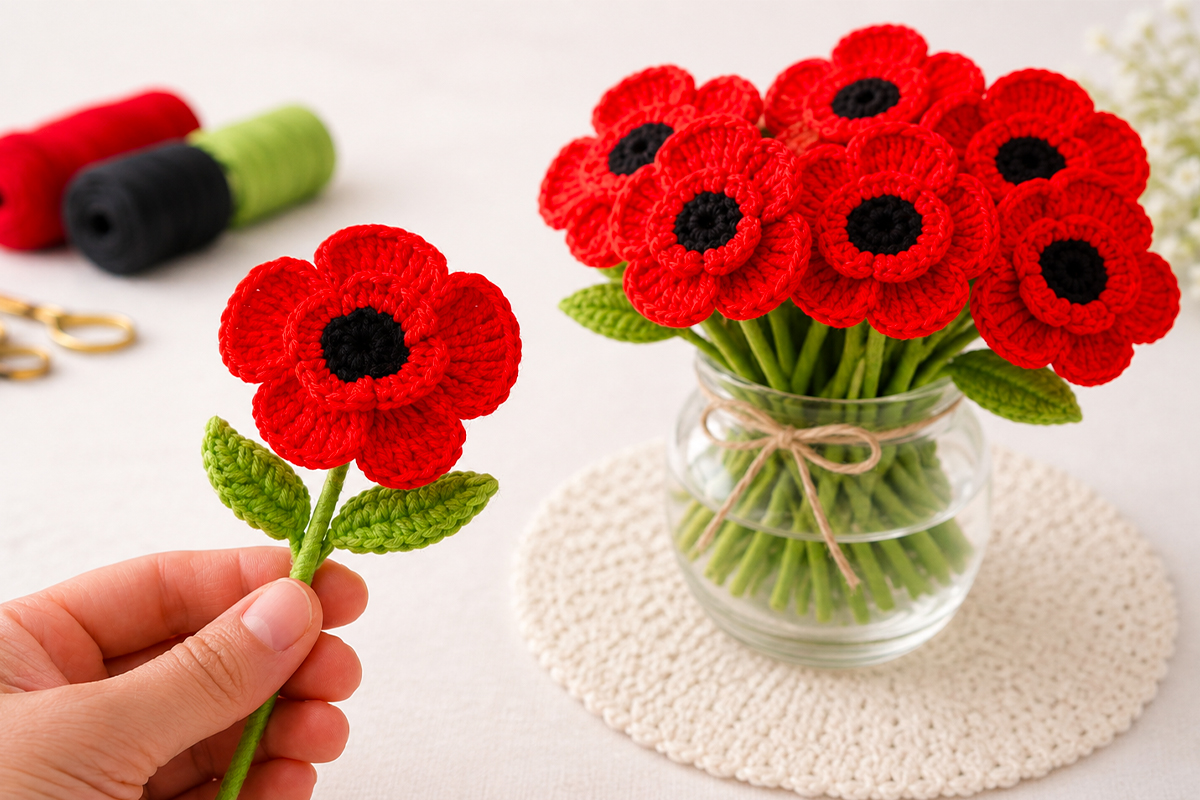 Hand holding a realistic crochet poppy flower next to a bouquet of red crochet poppies in a glass vase.