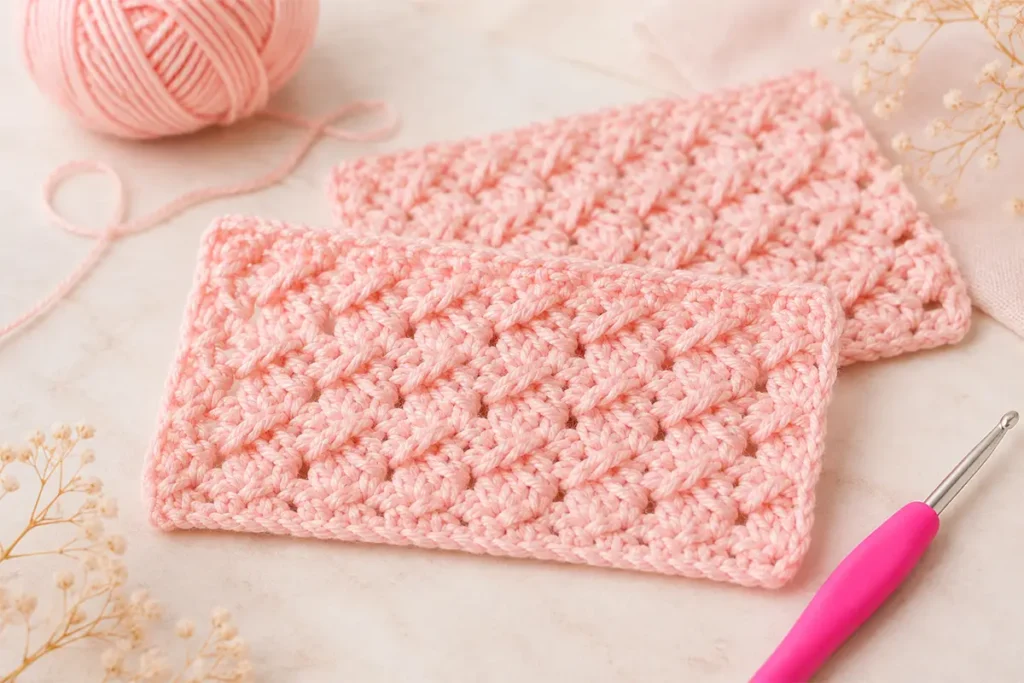 Repeat crossed double crochet stitch shown with soft pink yarn to create a woven-look crochet texture for beginners.