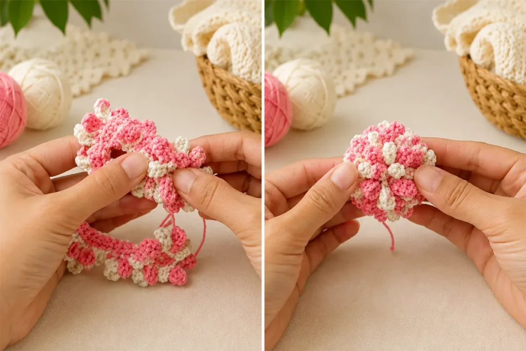 Hands rolling and shaping a pink and cream crochet strip into a realistic crochet flower on a soft neutral craft table