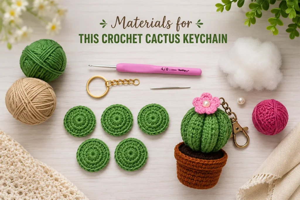 Materials for a crochet cactus keychain including green and beige cotton yarn, 2.5 mm hook, fiberfill, pearl, keychain clasp, and crochet circles.