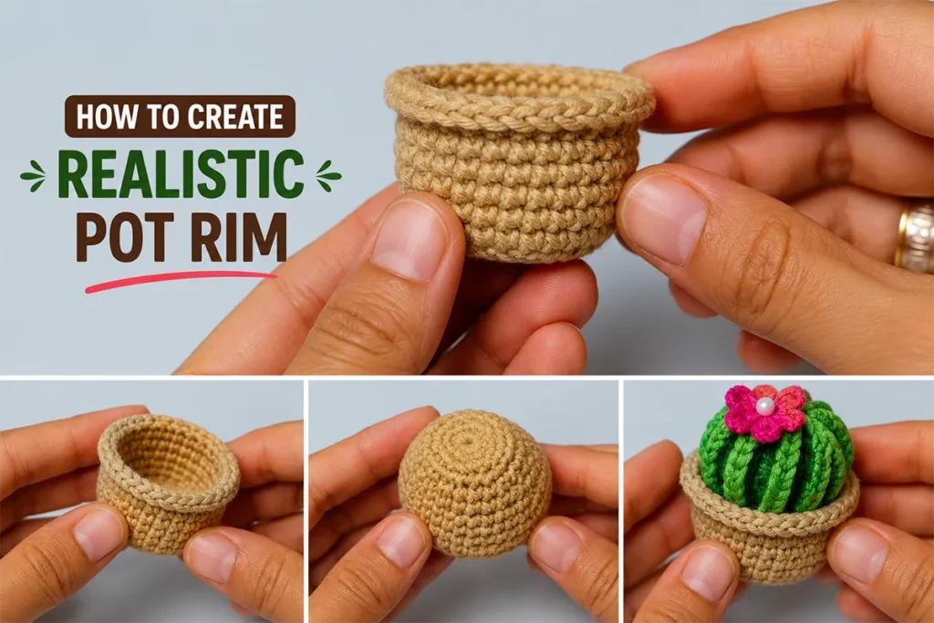 Realistic crochet pot rim detail for a handmade crochet cactus keychain pattern.