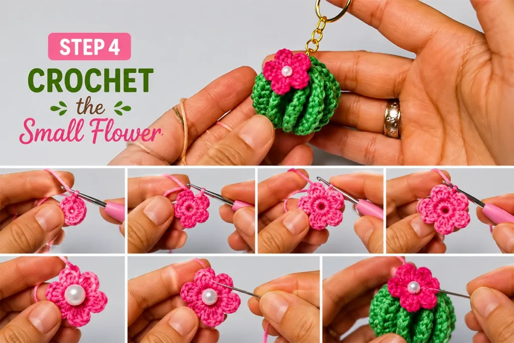 Step-by-step crochet small flower with pearl center attached to a green crochet cactus keychain.