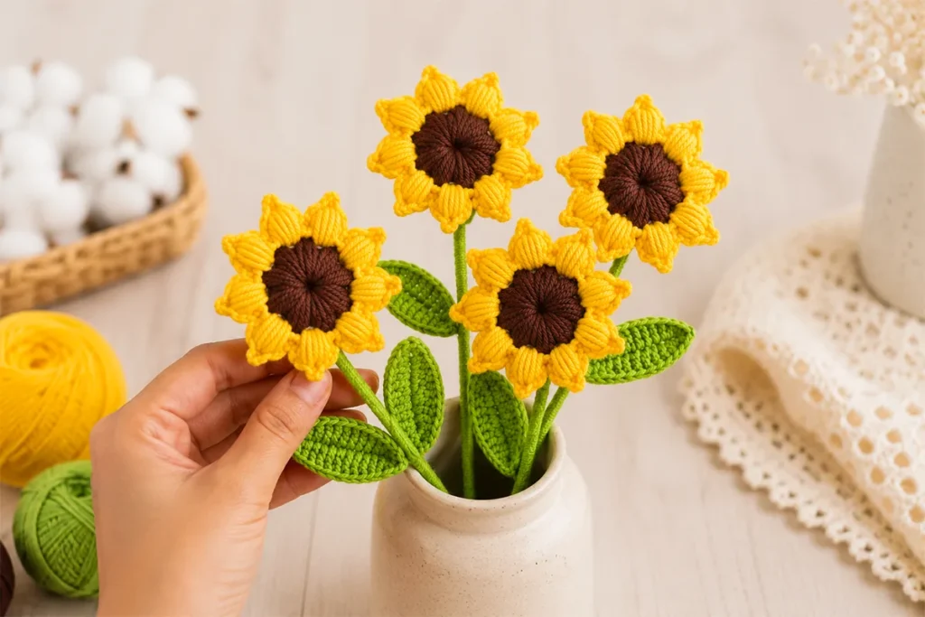 Crochet sunflower bouquet in a ceramic vase with yellow puff stitch petals, brown centers, green stems, and leaves