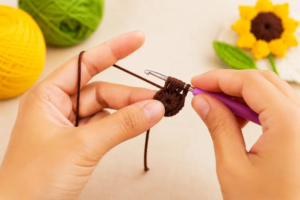 Hands crocheting the brown puff stitch center of a realistic crochet sunflower with a purple crochet hook