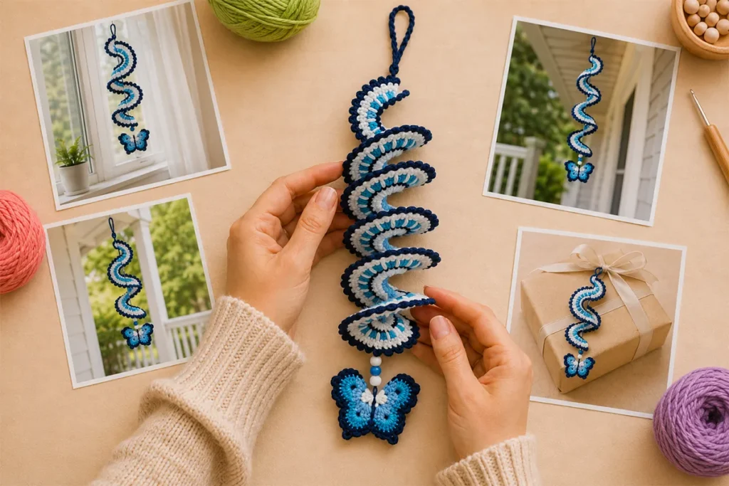 Crochet wind spinner displayed with porch, window, and handmade gift ideas, featuring a blue and white spiral design with beads and a crochet butterfly.