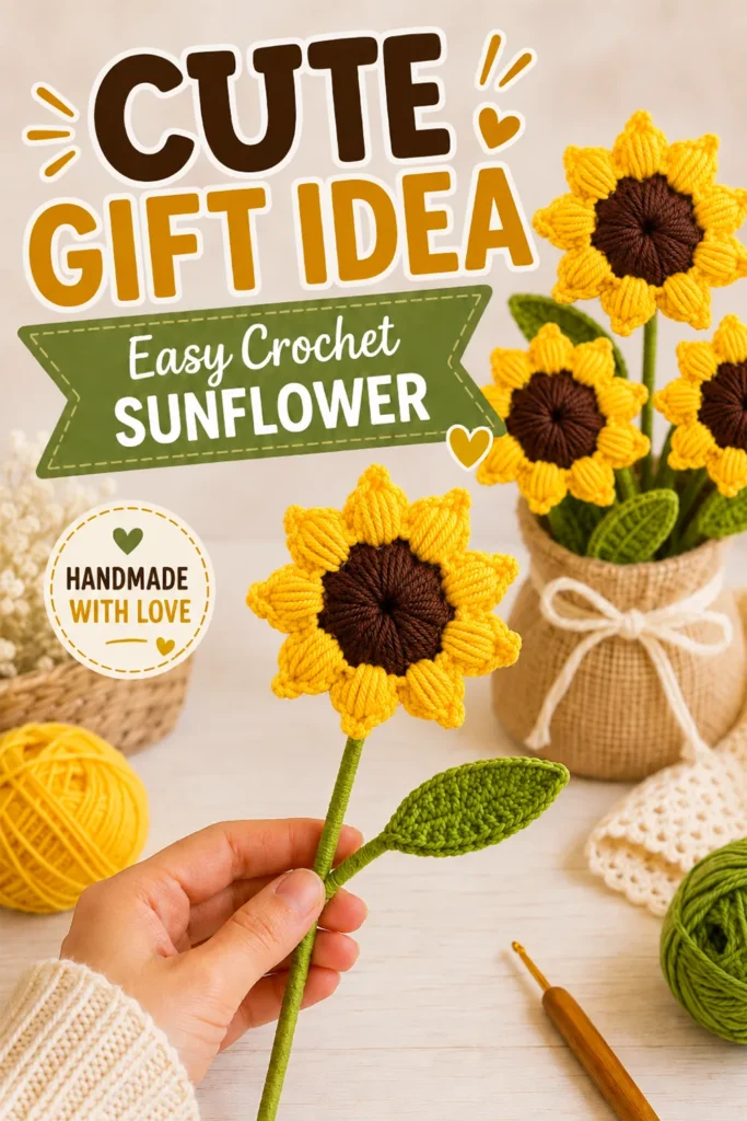 Crochet sunflower gift idea with yellow puff stitch petals, brown center, green stem, and leaf for an easy handmade project