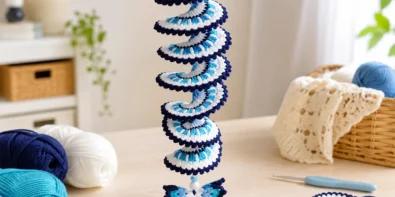 Easy crochet wind spinner with butterfly, beads, and blue and white spiral design for handmade porch decor