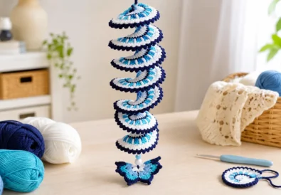 Easy crochet wind spinner with butterfly, beads, and blue and white spiral design for handmade porch decor