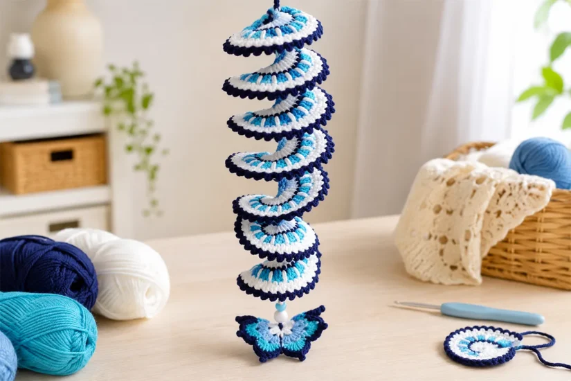 Easy crochet wind spinner with butterfly, beads, and blue and white spiral design for handmade porch decor