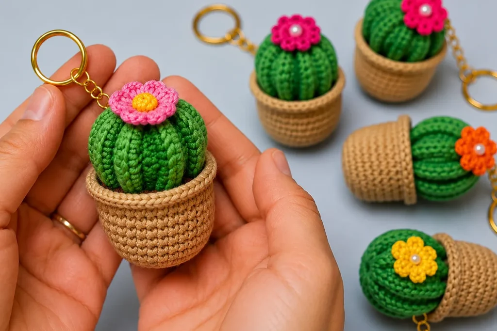 Finished crochet cactus keychain held in hands with several handmade cactus keychains on a soft craft table background.