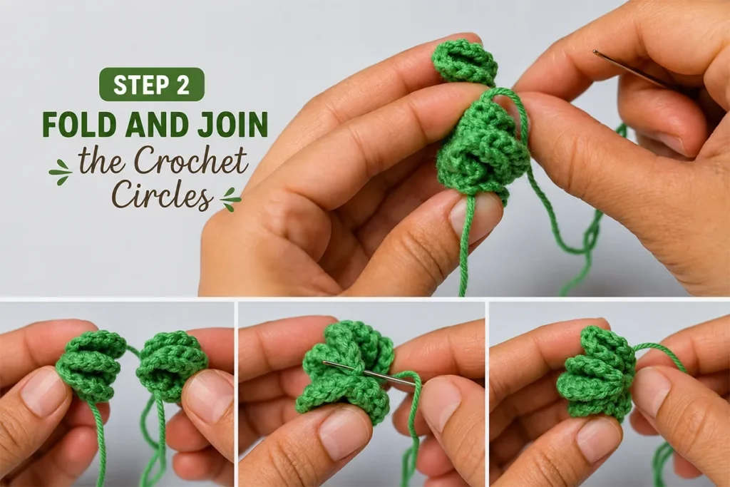 Hands folding and joining green crochet circles to create the 3D body of a crochet cactus keychain.