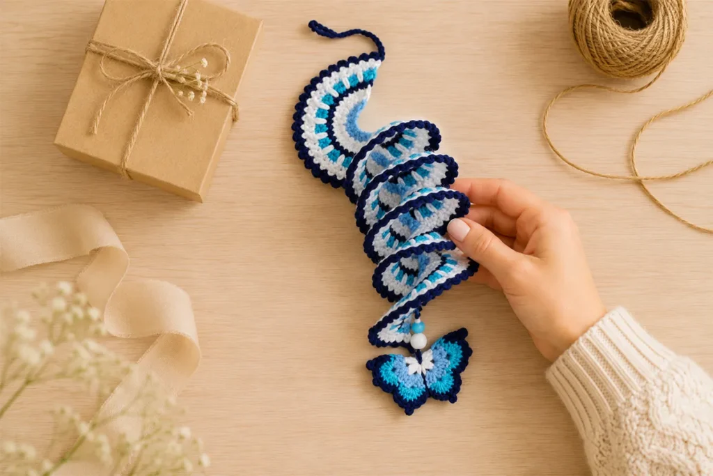 Handmade crochet wind spinner with butterfly and beads styled as a crochet gift idea
