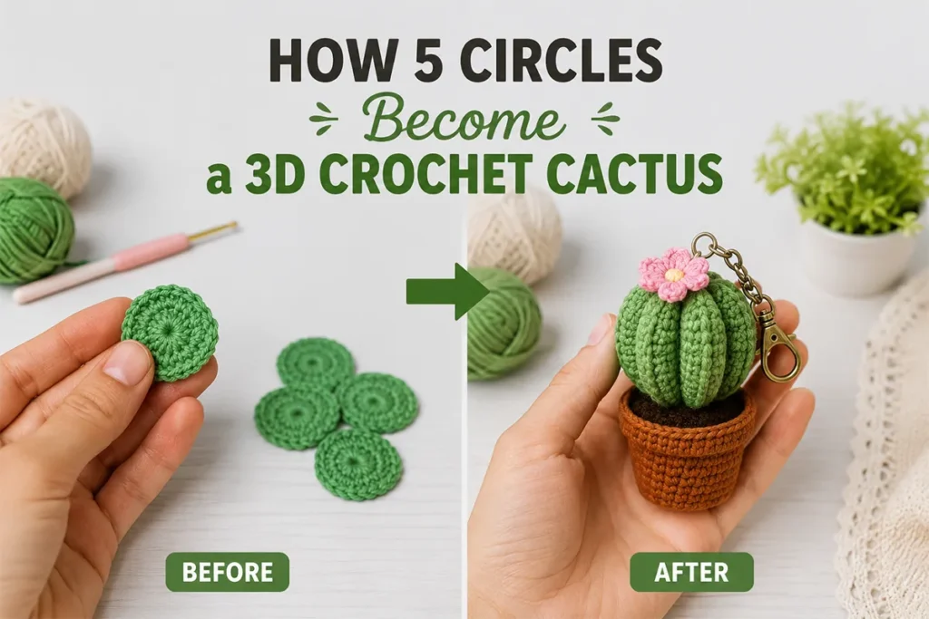 Five crochet circles shown before becoming a finished 3D crochet cactus keychain with a mini pot.