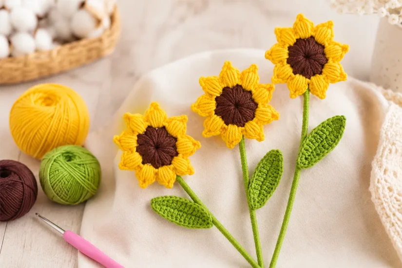 Realistic crochet sunflower with yellow puff stitch petals, brown center, green stems, and crochet leaves on a bright craft table