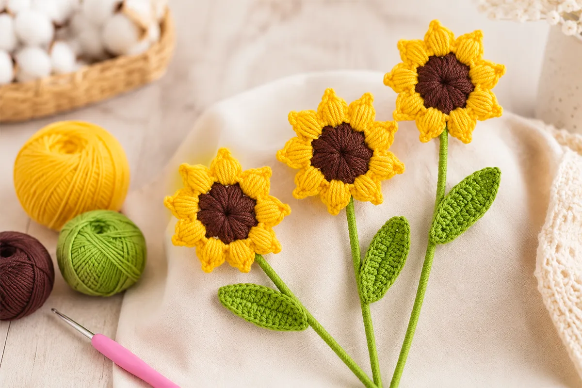 Realistic crochet sunflower with yellow puff stitch petals, brown center, green stems, and crochet leaves on a bright craft table