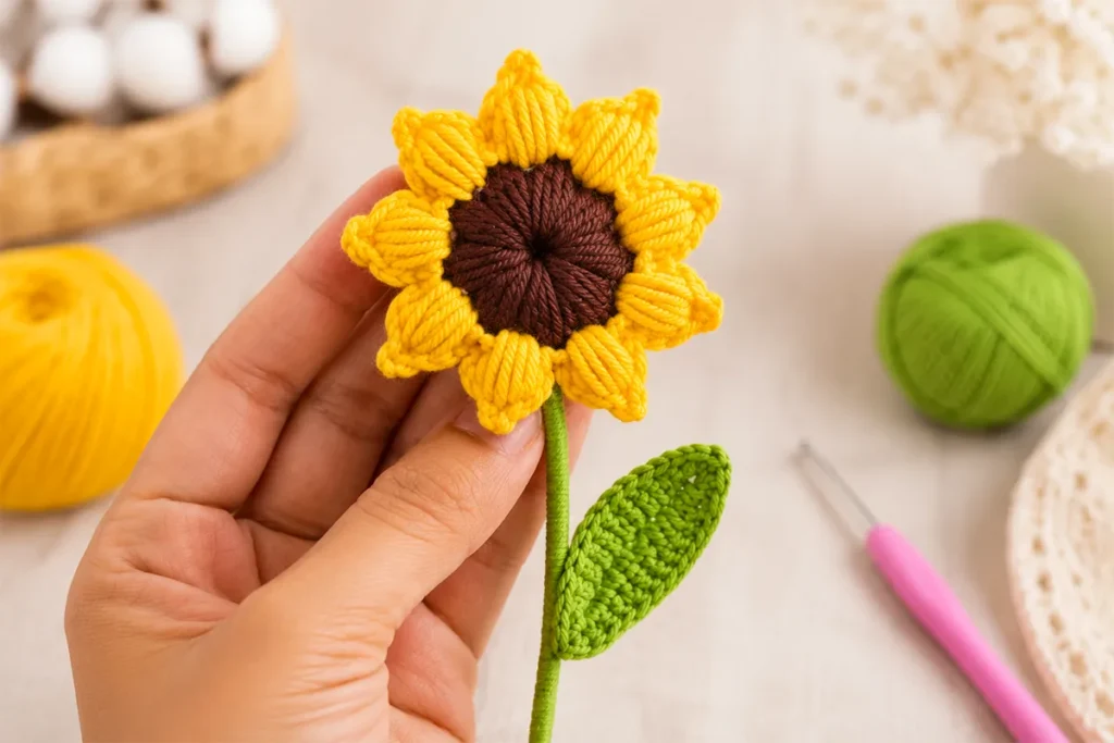 Hand holding a realistic crochet sunflower with yellow puff stitch petals, brown center, green stem, and crochet leaf