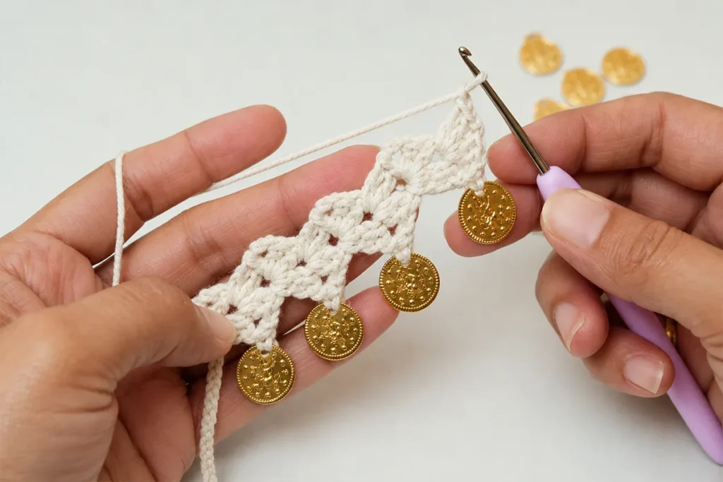 Hands continuing the two-row crochet coin charm anklet pattern with white cotton yarn, gold coin charms, and a 1.75 mm crochet hook