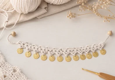 Crochet coin charm anklet made with white cotton yarn and gold coin charms on a soft neutral craft table with yarn and crochet hook