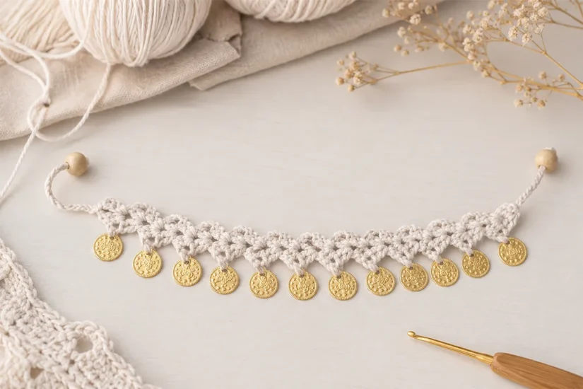 Crochet coin charm anklet made with white cotton yarn and gold coin charms on a soft neutral craft table with yarn and crochet hook