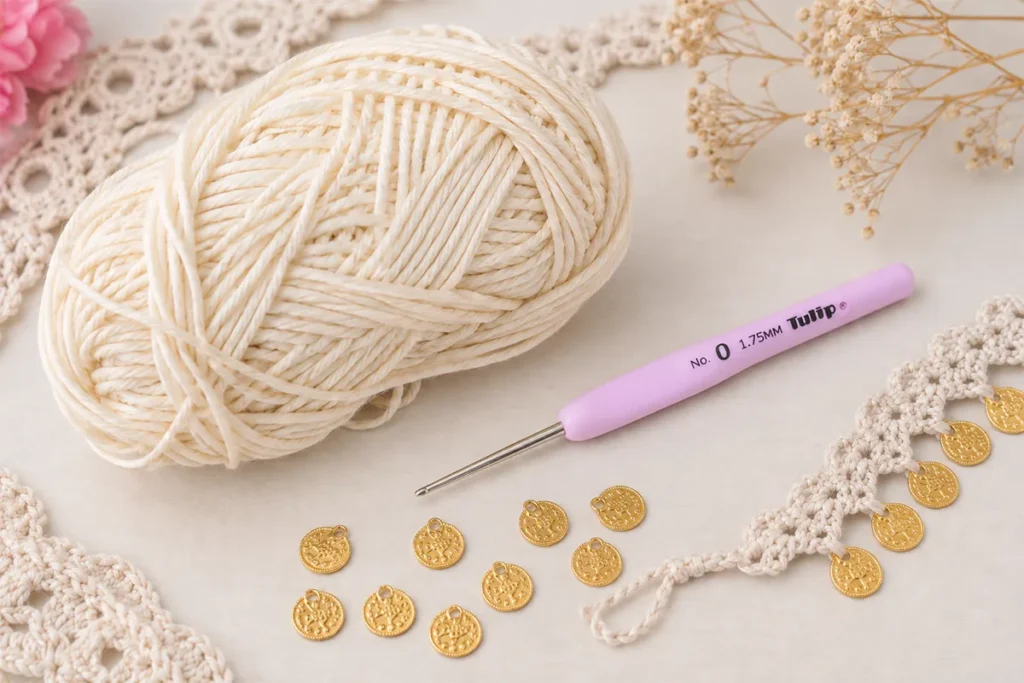 Materials for a crochet coin charm anklet including white cotton yarn, a 1.75 mm crochet hook, gold coin charms, and a finished anklet section