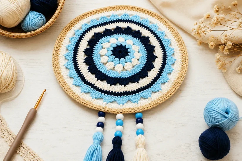 Crochet evil eye mandala with tassels, beads, and cotton yarn on a bright craft table