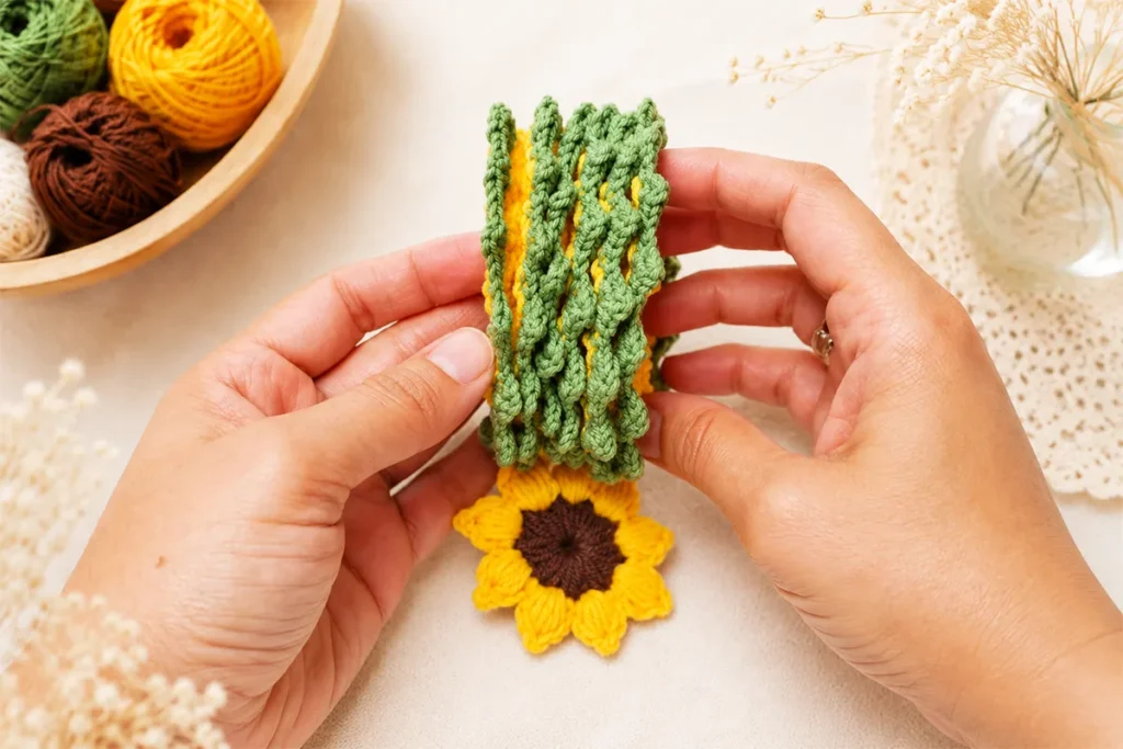 Hands shaping a crochet sunflower wind spinner into a 3D spiral with green leafy texture and sunflower charm